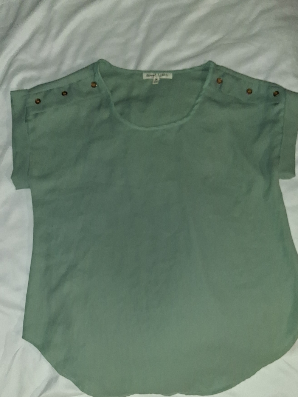 Relaxed Sage Green Short-Sleeve Blouse with Shoulder Buttons
